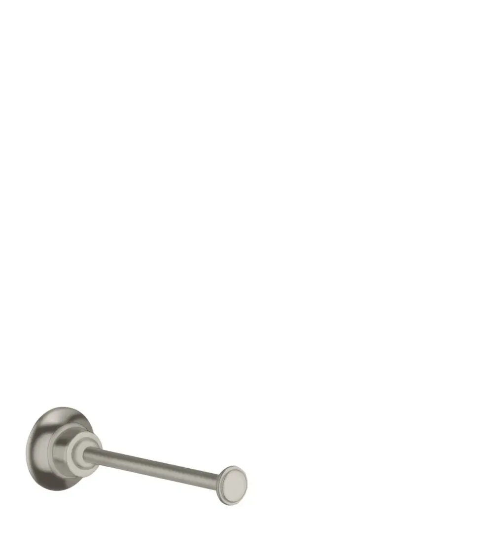 Edelstahl-Wandhalter für Toilettenpapier, designed von AXOR. Der Halter hat eine runde Wandplatte und eine einfache, funktionale Form. Hintergrund ist weiß.
